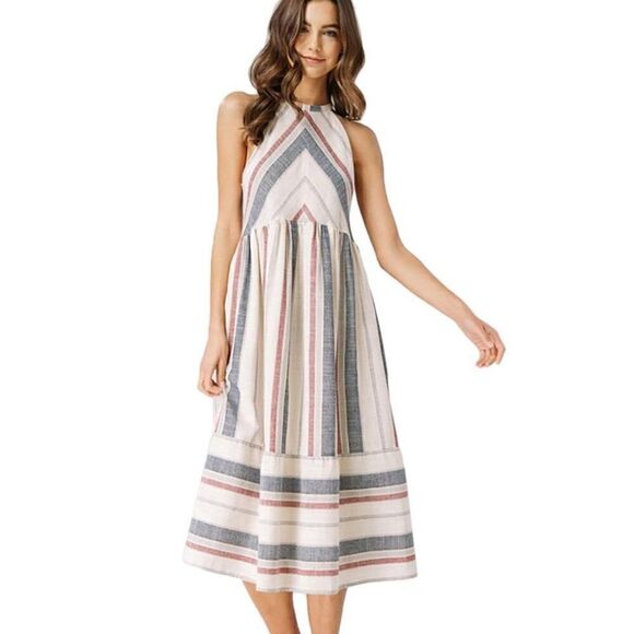 EUC Urban Outfitter LOVE+Harmony Stripe Woven Linen Blend Halter Neck Midi Dress - Picture 4 of 12
